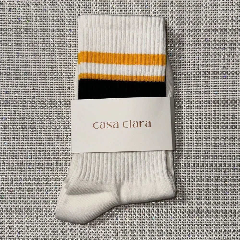 Casa Clara Rugby White Gold Black Ribbed Varsity Stripe Cotton Crew Socks — image 4 of 7